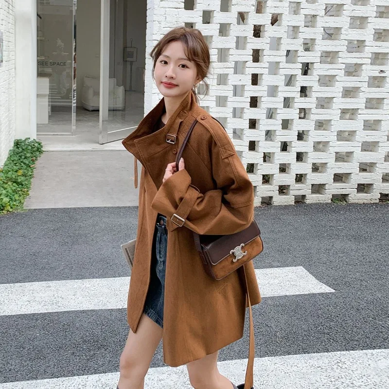 

Blouse Coat Trench Coat Women's Autumn Coffee Brown Melange Cropped Petite Suede Velvet New Comfortable Casual Niche Versatile