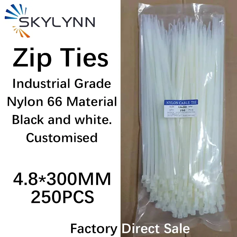 

4.8X300MM Nylon Cable Ties Adjustable Cable Tightening Ring Fibre Optic Patchcord Plastic Self-Locking Ties Black White 250PCS