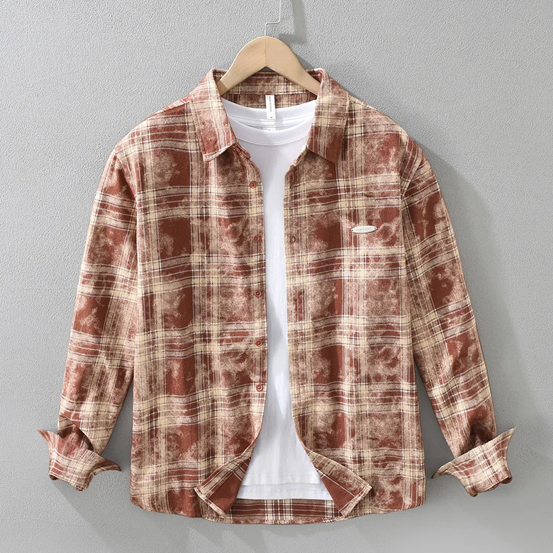 

Casual Red Plaid Shirt for Men 2025 Spring New Pure Cotton Fashion Oversize Loose Long Sleeve Shirts Vintage Clothes