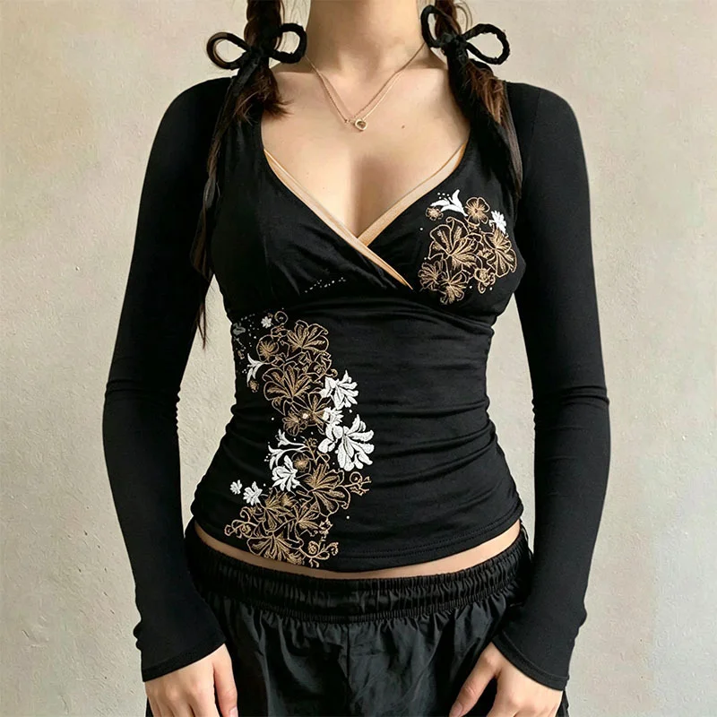 Europäisch-Amerikanisches Damen-Oberteil im Y2K-Vintage-Stil mit Grafikdruck, schmal geschnitten, elegant, modisch und lässig – Detail 2
