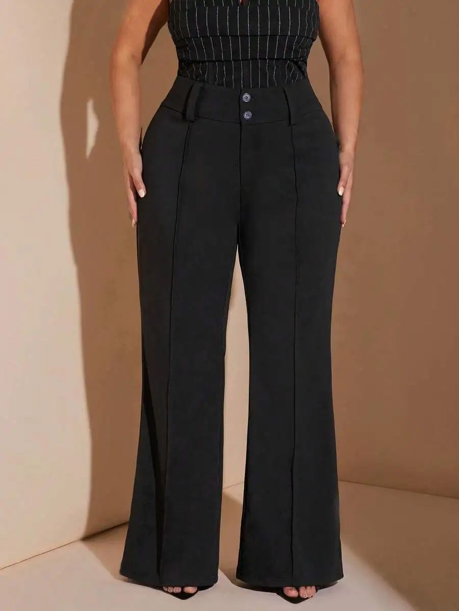 

Plus Size High Waist Wide Leg Pants with Button Detail and Pockets