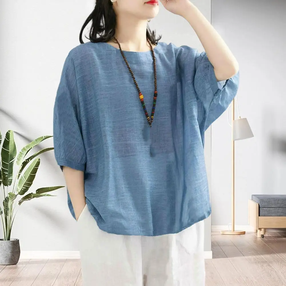 

Round Neck Three-quarter Sleeve Top Stylish Women's Summer T-shirt With Batwing Sleeves Loose Fit Solid Color For Streetwear