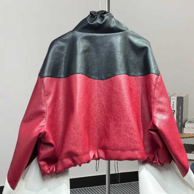 Autumn Korean Contrast Color Short Faux PU Leather Jacket Casual Stand Collar Drawstring Hem Long Sleeve Biker Jacket Streetwear