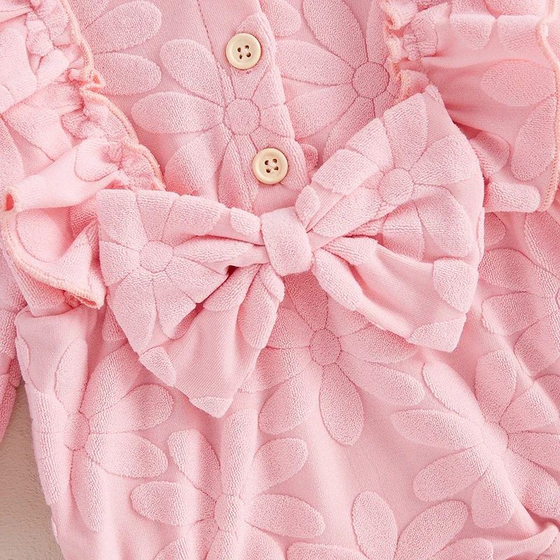 Baby Girls Flower Ruffles Rompers Bowknot Long Sleeve Jumpsuits with Headband Newborn Autumn Clothes