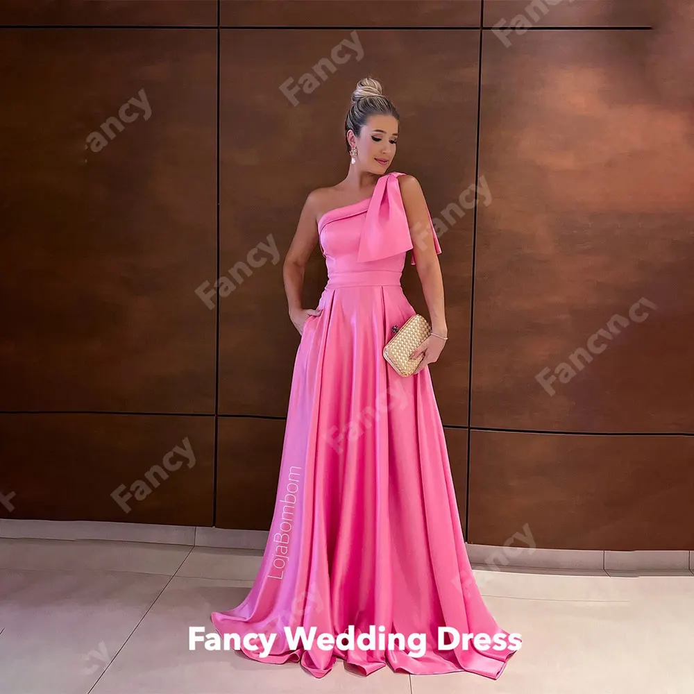

Fancy Elegant Pink One Shoulder Evening Dress Saudi Arabia A Line Satin Sleeveless Bridal Gown Floor Length Formal Dresses