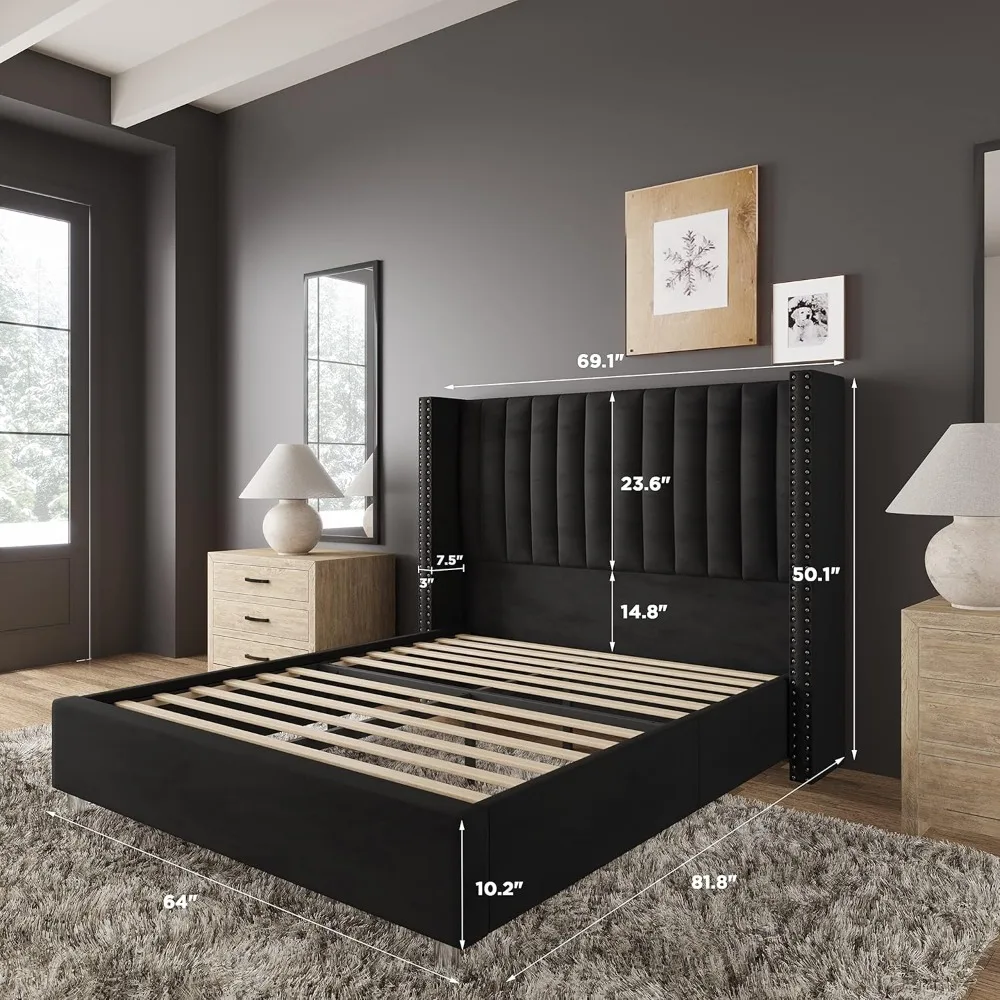 Queen-size bed frame upholstered platform bed with tall headboard wing back, velvet vertical channel quilting, black