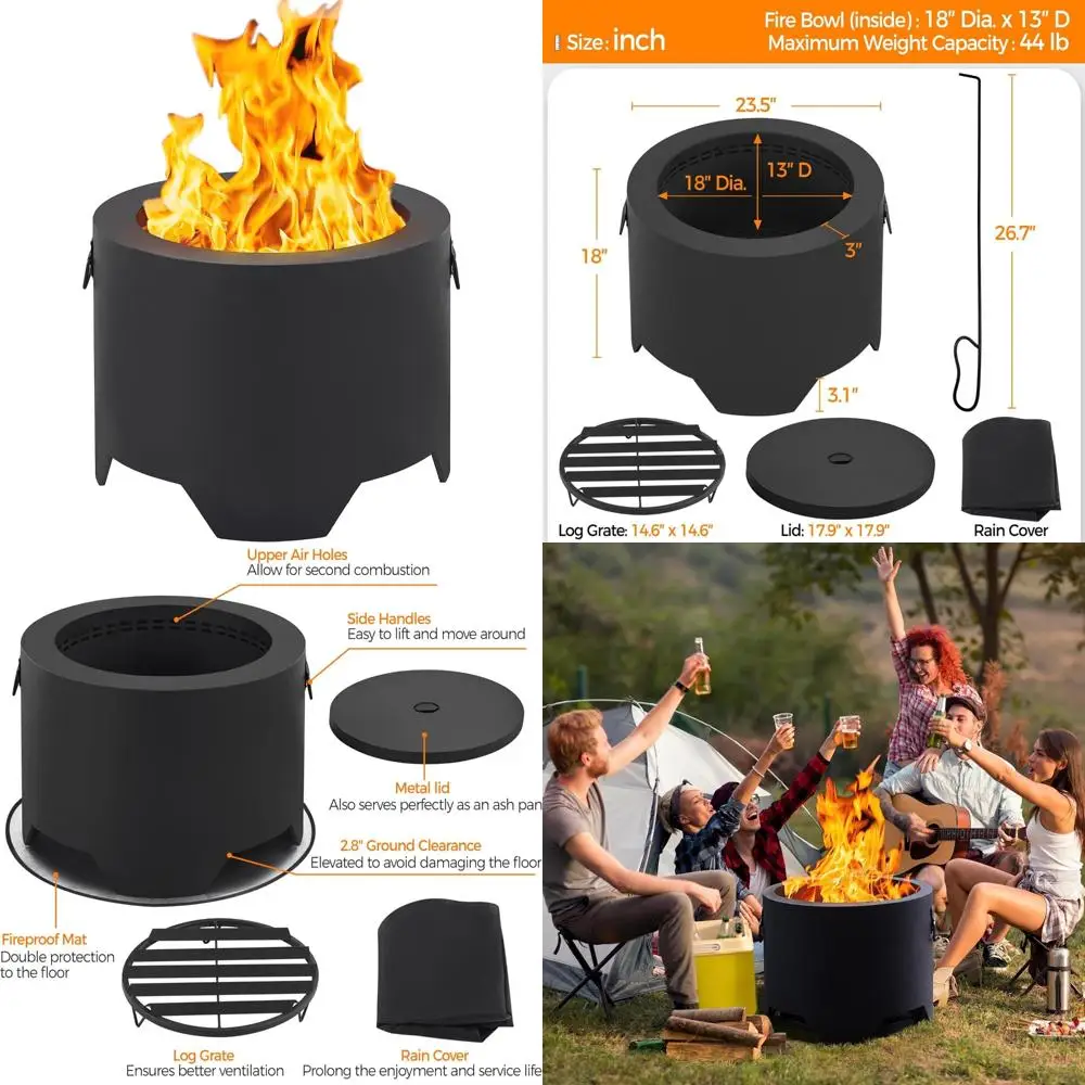 

Outdoor Garden and Patio Smokeless Fire Pit with Silicone Mat, Poker, Rain Cover, and Log Grate by Yaheetech