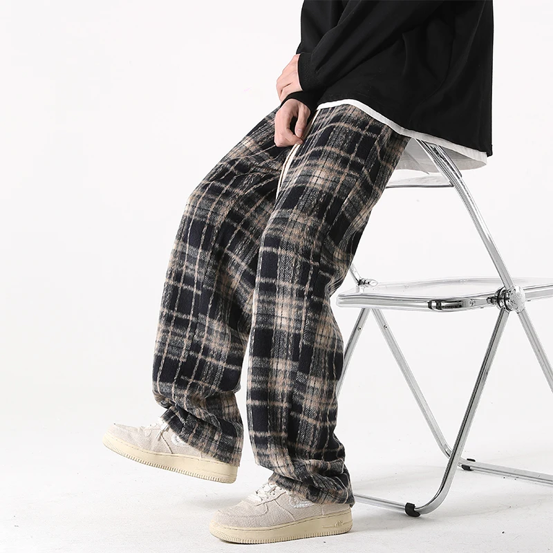 

Men's Plaid Pants High Street Loose Straight Leg Spor Casual Trousers Spring Autumn Faionable Retro American Sle