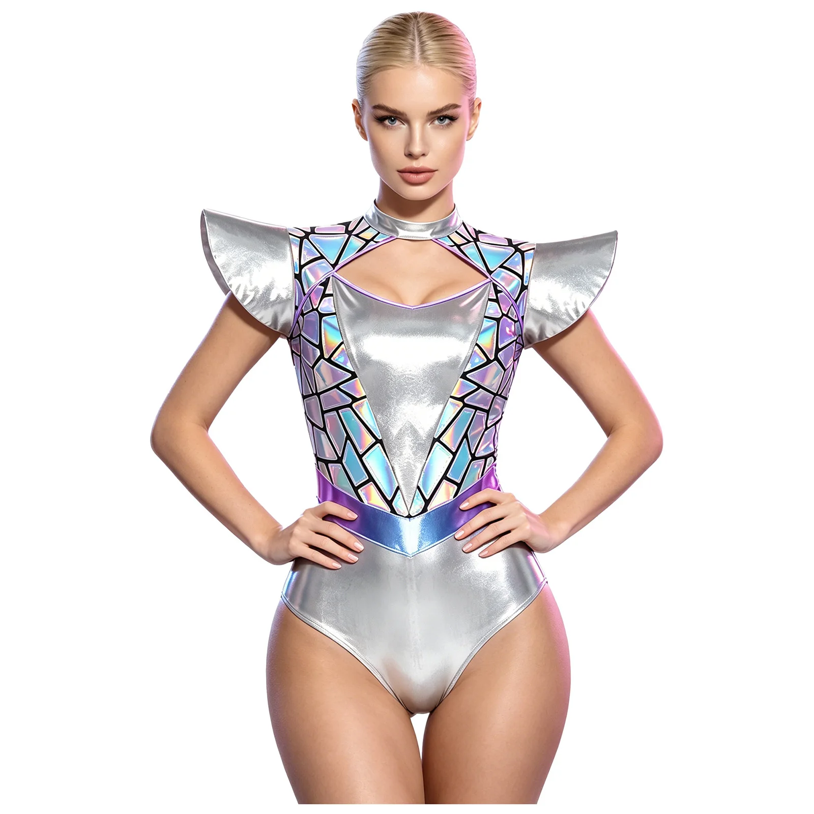 Womens Alien Robot Cosplay Leotard Metallic Shiny Bodysuit for Masquerade Ball Space Alien Theme Party Carnival Stage Dress Up view 4