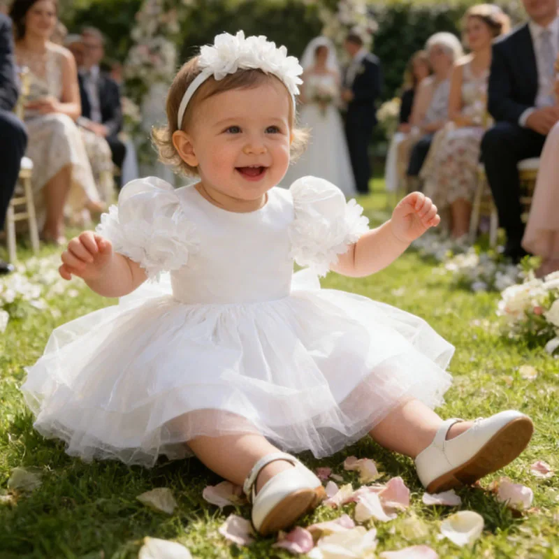 

Baby Dresses For Eid White Dress With Headwear Bowknot Flower Dress Toddler Girls Tulle Gown Pageant Wedding Birthday Dress