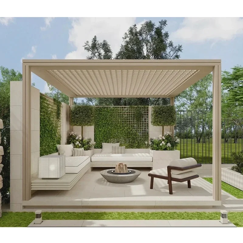 Waterproof Motorized Louvered Pergola with Aluminum Alloy Frame and LED Lighting Commercial Use Backyard & Terrace