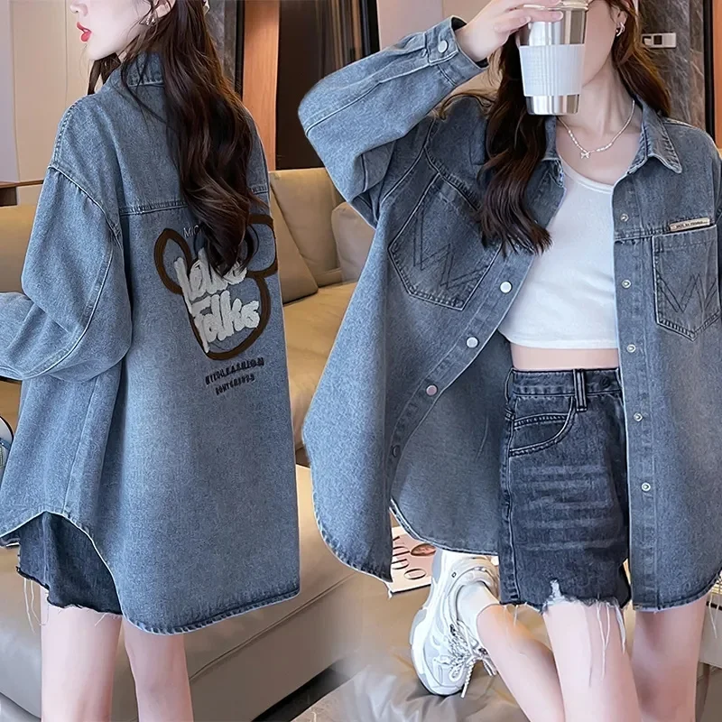 

Korean New Female Long Sleeves Cowboy Outwear 2024 Women Medium Long Styles Jeans Jacket Spring Autumn Ladies Fashion Denim Coat