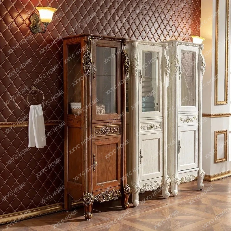 

H Bathroom Oak Solid Wood Tempered Glass Bathroom Side Cabinet Gap High Cabinet