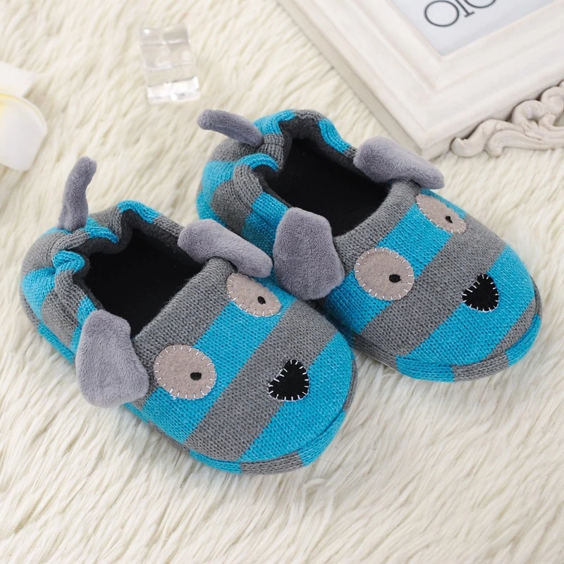 New Toddler Boy Slippers Indoor Winter Plush Warm Kid House Footwear Cartoon Puppy Dog Knitted Rubber Sole Home Shoes Baby Items