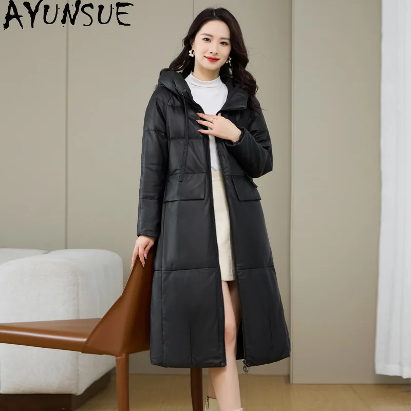 AYUNSUE véritable peau de mouton en cuir véritable doudoune femmes vêtements d'hiver nouveau dans Ouerwears 2025 Long blanc canard vers le bas manteau à capuche