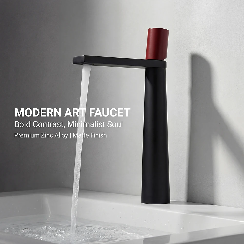

Modern minimalist bathroom basin faucet, matte black and burgundy bathroom basin faucet, single hole deck installed hot and cold