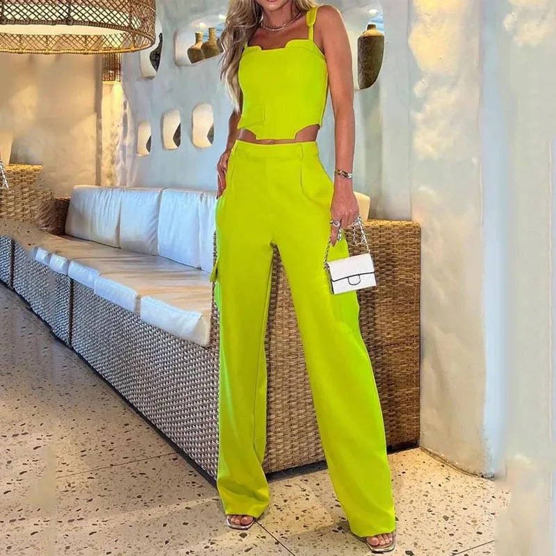 Women Two Piece Set Camisole Sleeveless Splice Crop Top Solid Regular Straight Pants Suit High Waist Casual Spring 2024