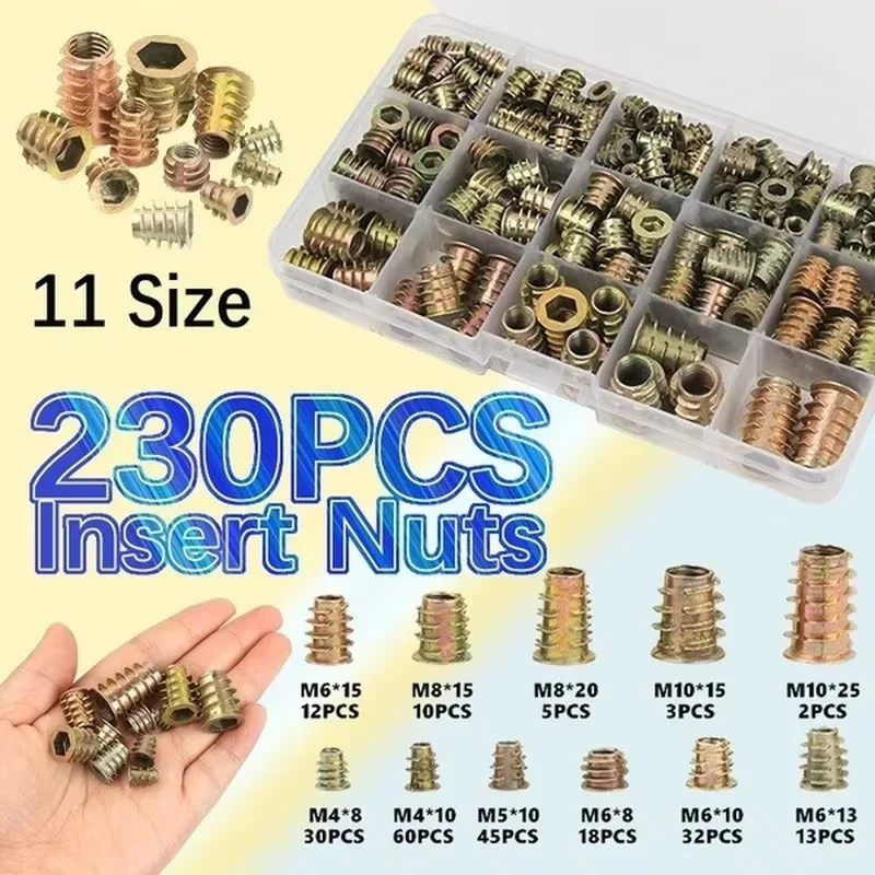 

230PCS Assorted Nut Bolt Flanged Hex Drive Head Furniture Nuts M4 M6 M8 M10 Zinc Alloyl Thread for Wood Zinc Alloy Insert Sets