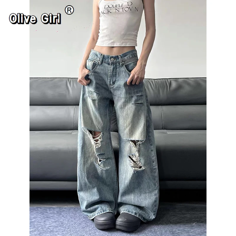 

Olivegirl Women's Blue Jeans Vintage Streetwear Y2K Summer High Waist Ripped Wide Leg Jean 2000s Trouser Baggy Denim Pants