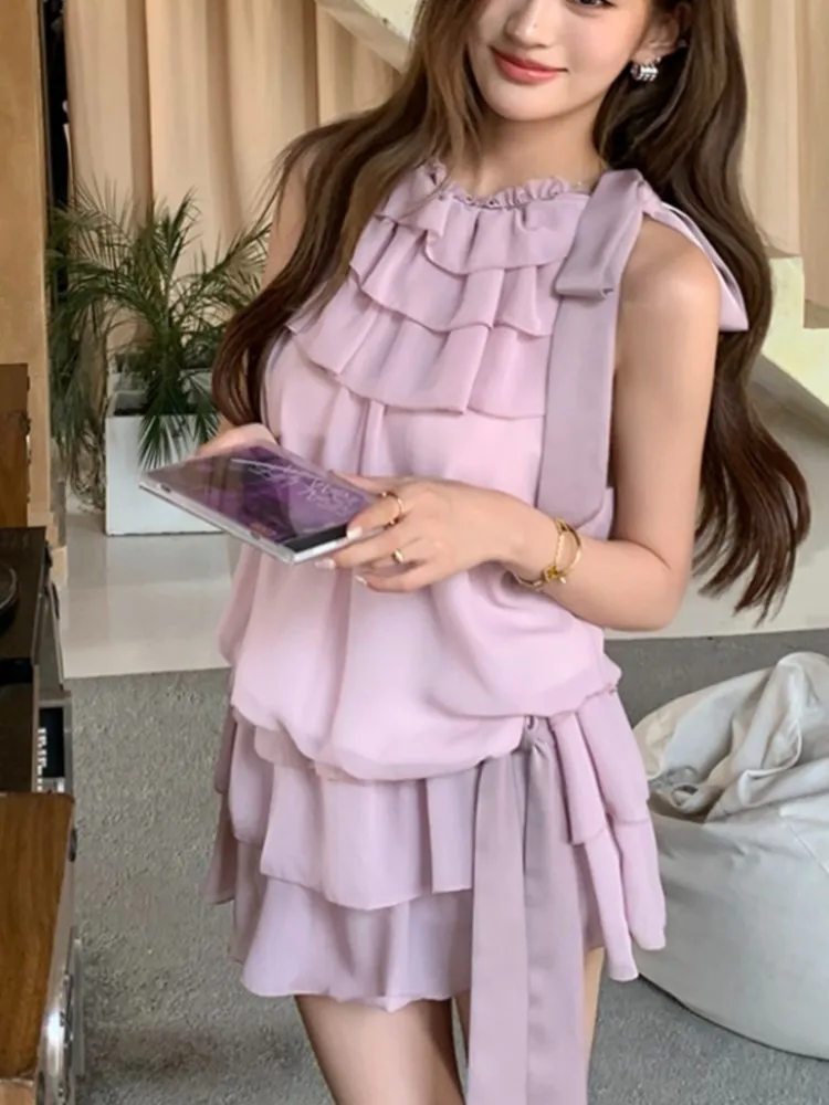 

Women's Elegant Ruffes Two Pieces Sets Fashion French Lace-up Floral Sleeveless Top+A-Line Short Skirt Beach Holiday Clothes New