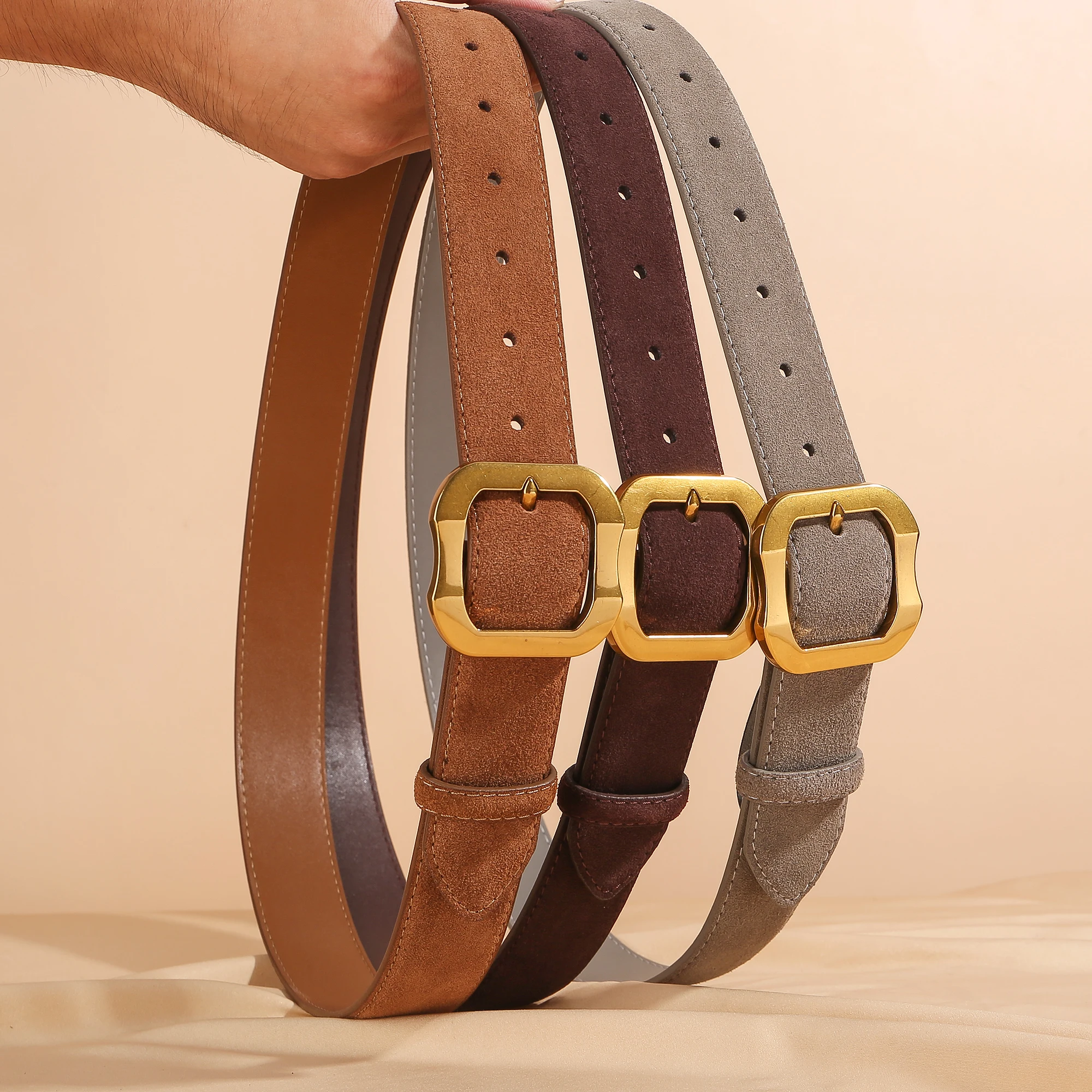 여성용 천연 가죽 벨트, 빈티지 스웨이드 캐주얼 벨트 금색 버클, 청바지 바지 드레스용 패션 액세서리