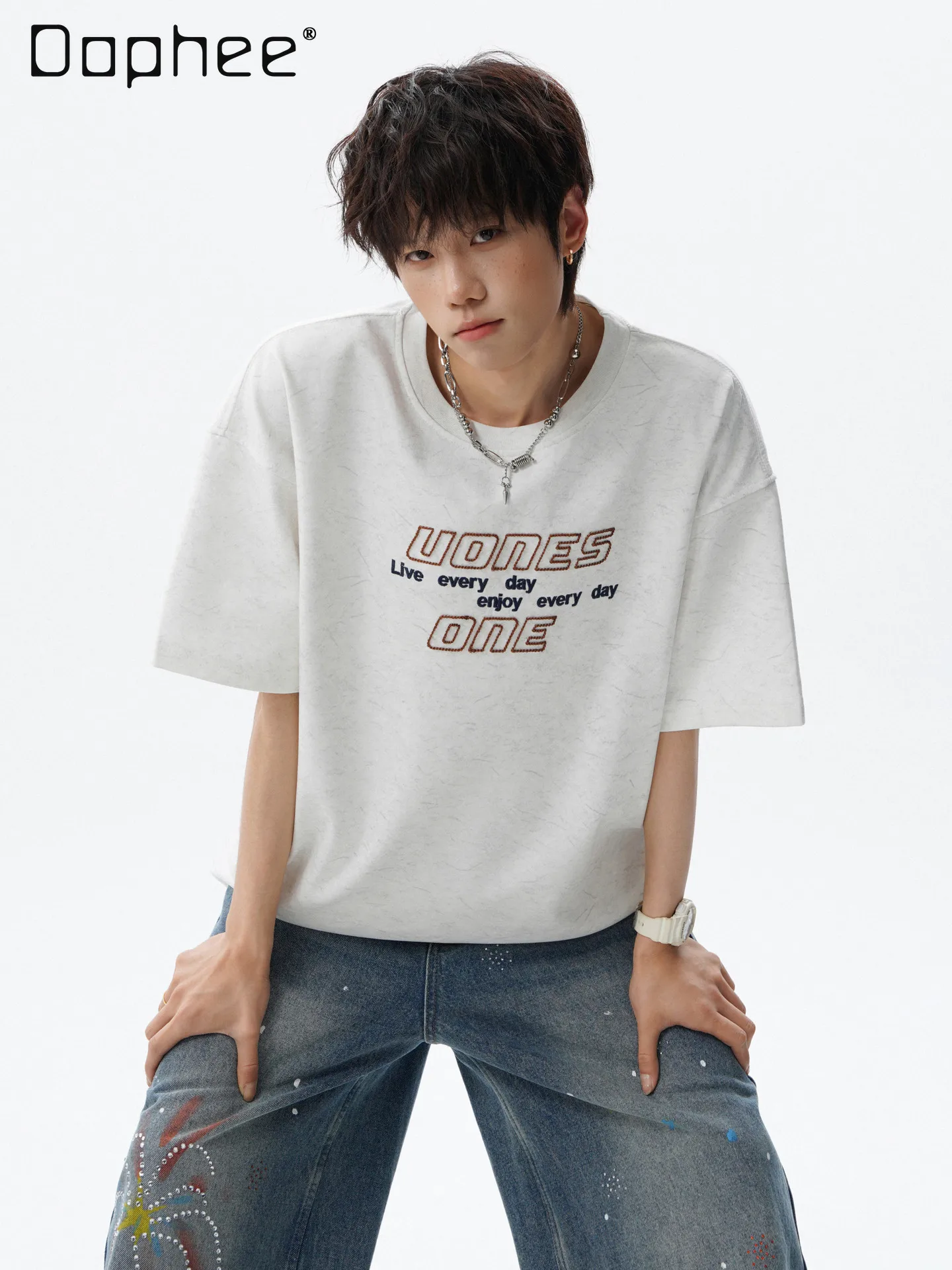 Summer New American Street Style Men's Black White Apricot Green Letter Print Loose Casual Round Neck Short Sleeve T-shirt