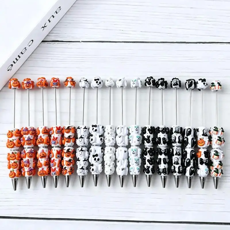 Halloween Pumpkin Bead DIY Crafting Pens Making Kit Ballpoint Pen Beaded Rhinestone Pen For Students School Office