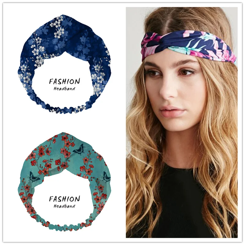 Women Girls four seasons Hair Bands Blue Print Headbands Retro Turban Bandage Bandanas HairBands Hair Accessories Headwrap