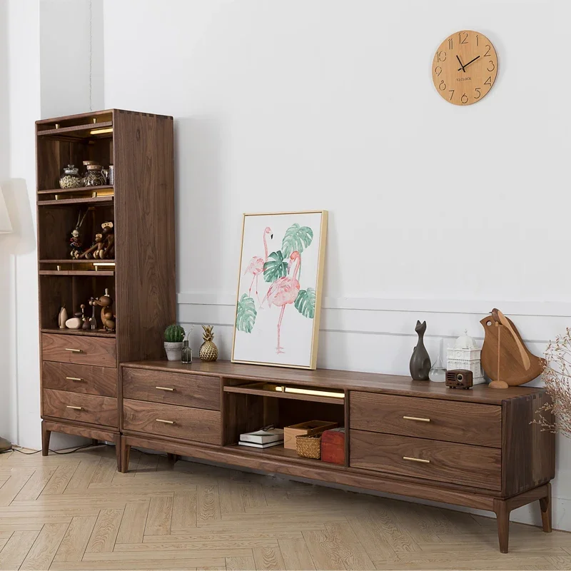 TV Cabinet Black Walnut Four-Drawer Audiovisual Cabinet Living Room TV Cabinet Low Cabinet Solid Wood Floor Cabinet