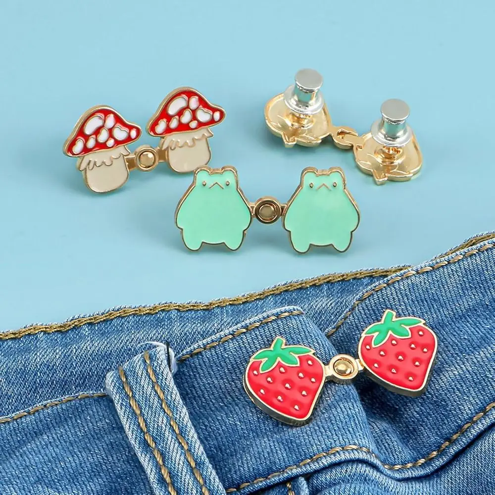 3Pairs Replacement Jeans Buttons Reusable Repair Kit Waist Adjust Button Strawberry/Frog/Mushroom No-Sewing Metal Button Jeans