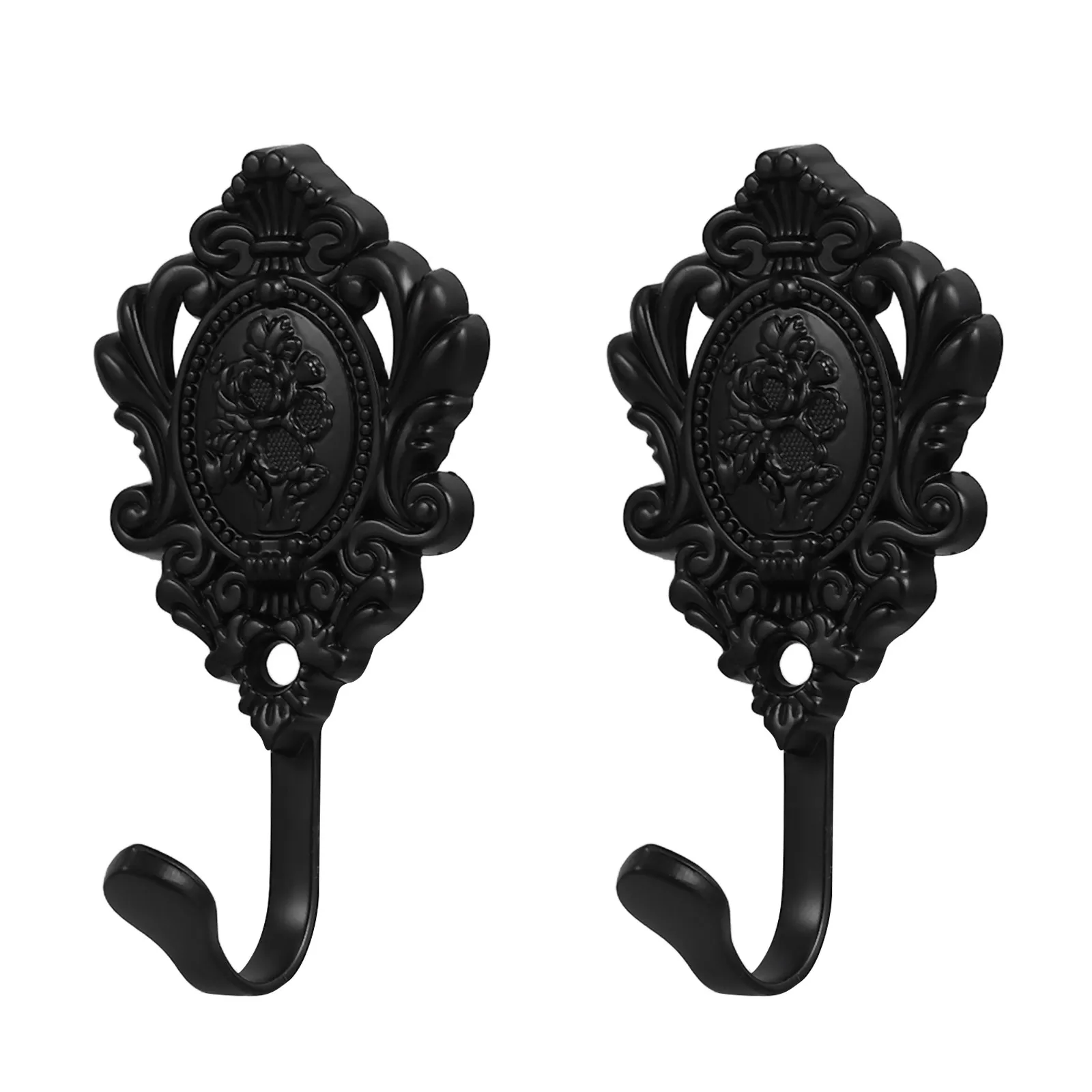 2Pcs Embossed Metal Coat Hooks Black Vintage Wall Mounted Hat Rack Decorative Wall Hanger for Entryway Office Bedroom Bathroom