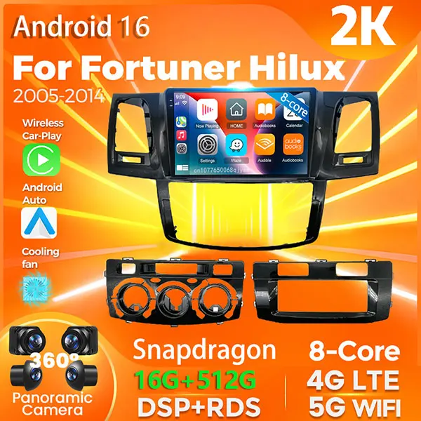 Central Multimídia Automotiva Android 16 com Carplay e Auto para Fortuner Hilux 2005-2014 - Rádio, Navegação, 4G+Wi-Fi e Voz AI