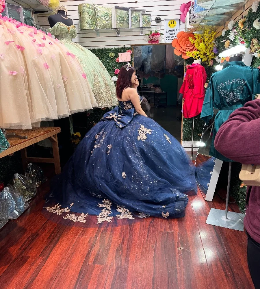 스파클 블루 베스티도스 데 15 킨세아녜라 드레스 골드 레이스 럭셔리 코르셋 볼 가운 스위트 16 드레스 생일 파티 드레스 2025