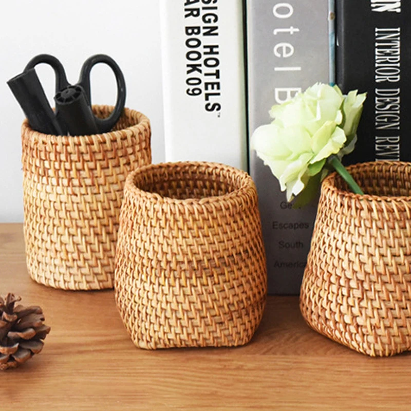 Handmade Pen Holder Woven Wood Vine Rattan Stationery Container Storage Box Organizer Students Gifts Office School Desk Supplies