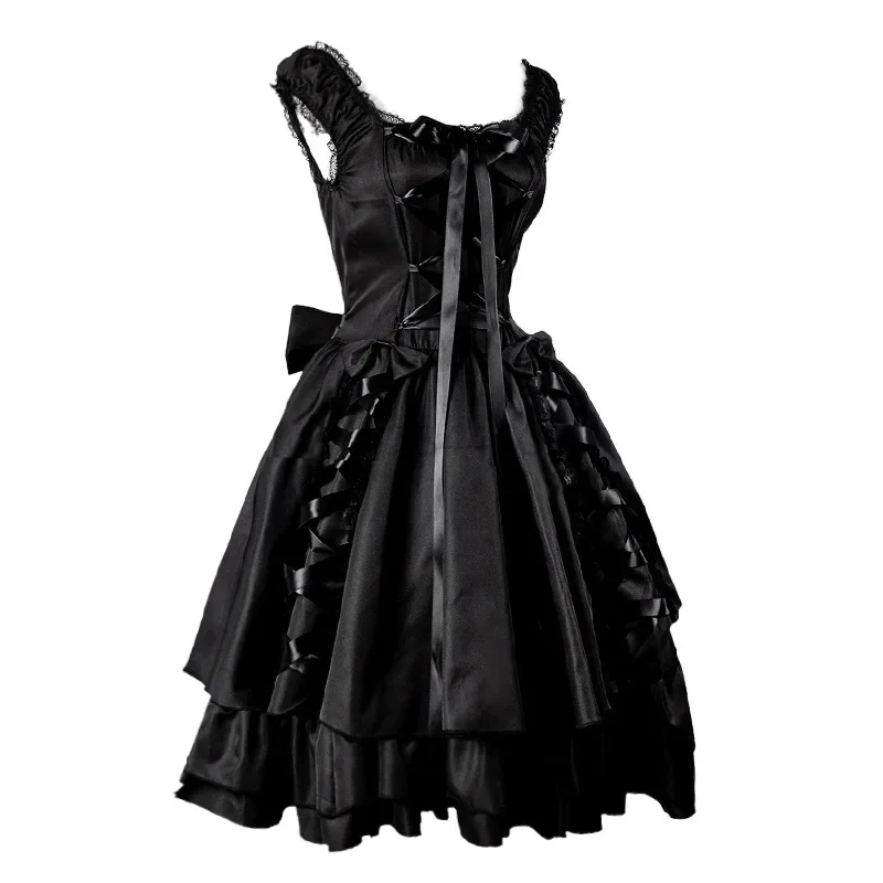 Women Medieval Gothic Darkness Lolita Costume Sleeveless Lace Up Princess Dress Steampunk Layer Goth Halloween Fancy Outfit