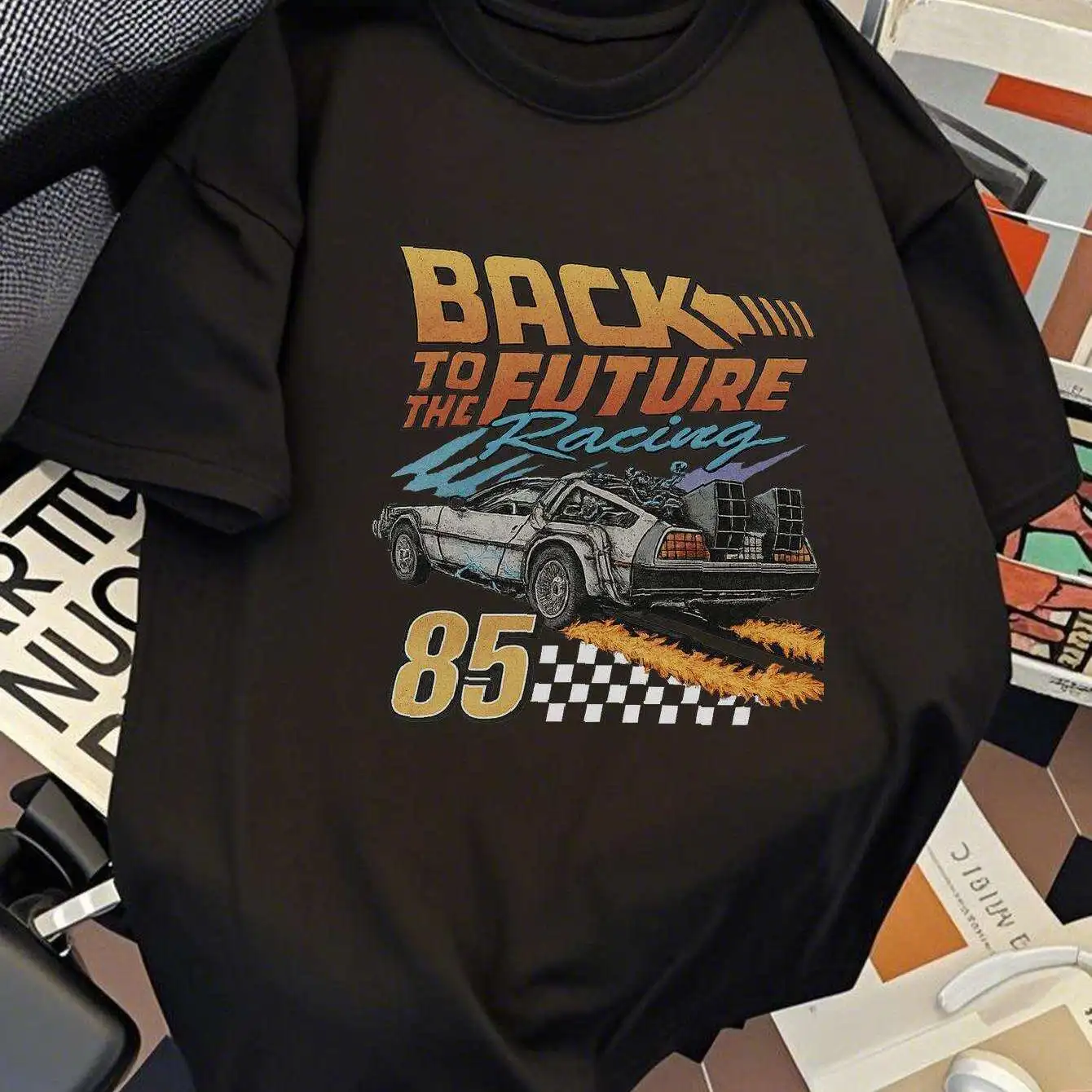 تي شيرت رجالي برسومات سباق عتيقة بتصميم سيارة السباق مع نص العودة إلى المستقبل، تي شيرت قطني ناعم قابل للتنفس، ملابس الشارع #2