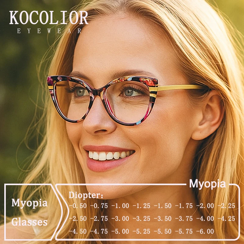 

New Brand Design Cat Eye Floral Prints Frame Myopia Glasses Prescription Photochromic Anti Blue Light Women Short Sight Eyewear