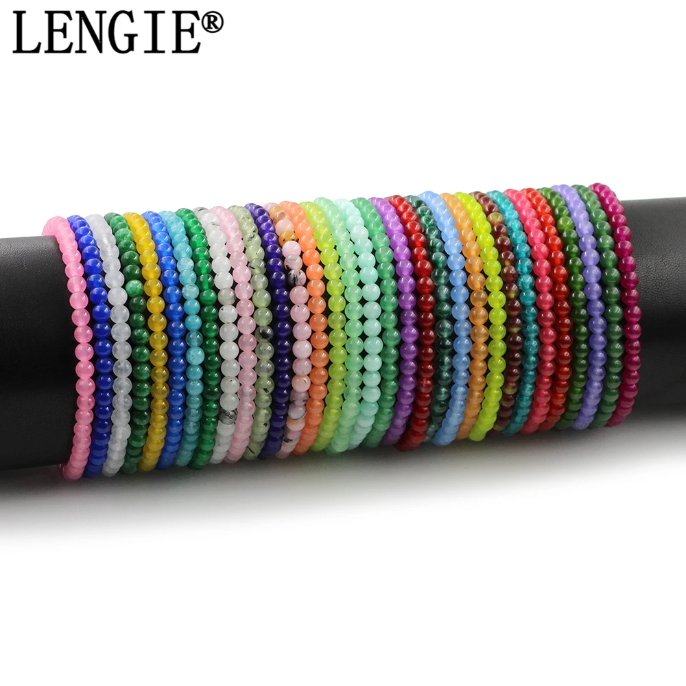 Pulsera de cuentas de piedra de Calcedonia Natural para mujer, brazaletes elásticos de distancia redonda, regalos de joyería, 4mm