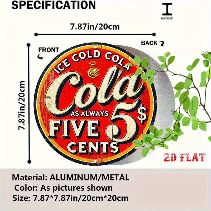 [مسطح [مسطح] لافتة قصدير معدنية كولا عتيقة - لوحة فنية جدارية مستديرة من الألومنيوم، ديكور إعلاني ريترو لخمس سنتات للمنزل والمرآب