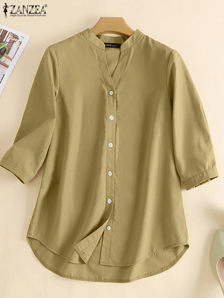 2024 ZANZEA Summer Women V Neck 3/4 Sleeve Shirt Elegant Solid Blouse Female Casual Loose Work Blusas Fashion Buttons Down Tops