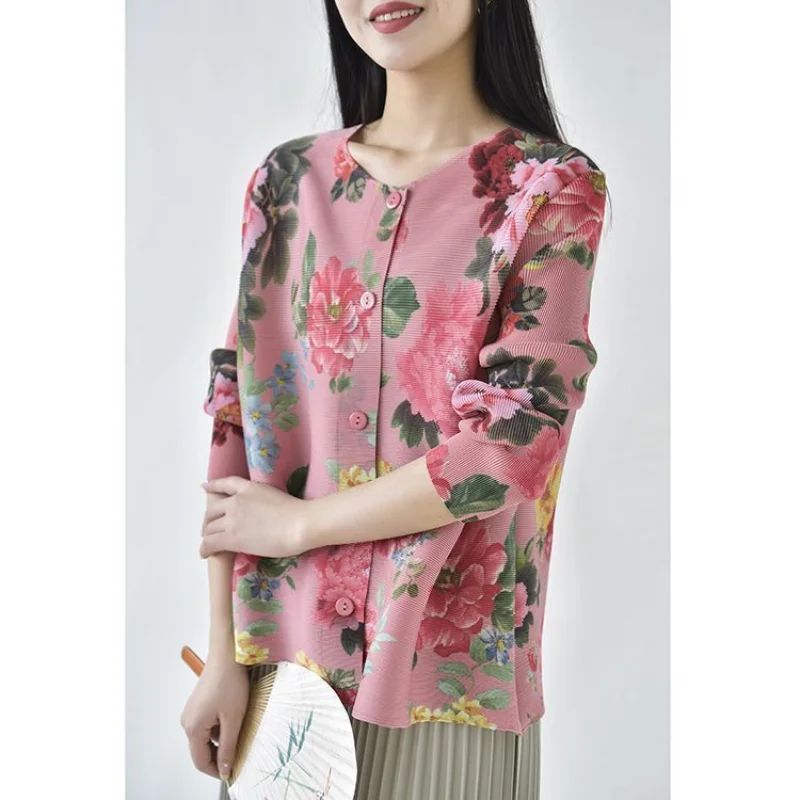 

Coat Women Small Fragrant Wind Loose T Shirt Female 2023 Spring and Autumn Fold Flower Print Cardigan Casual Versatile T Shirt