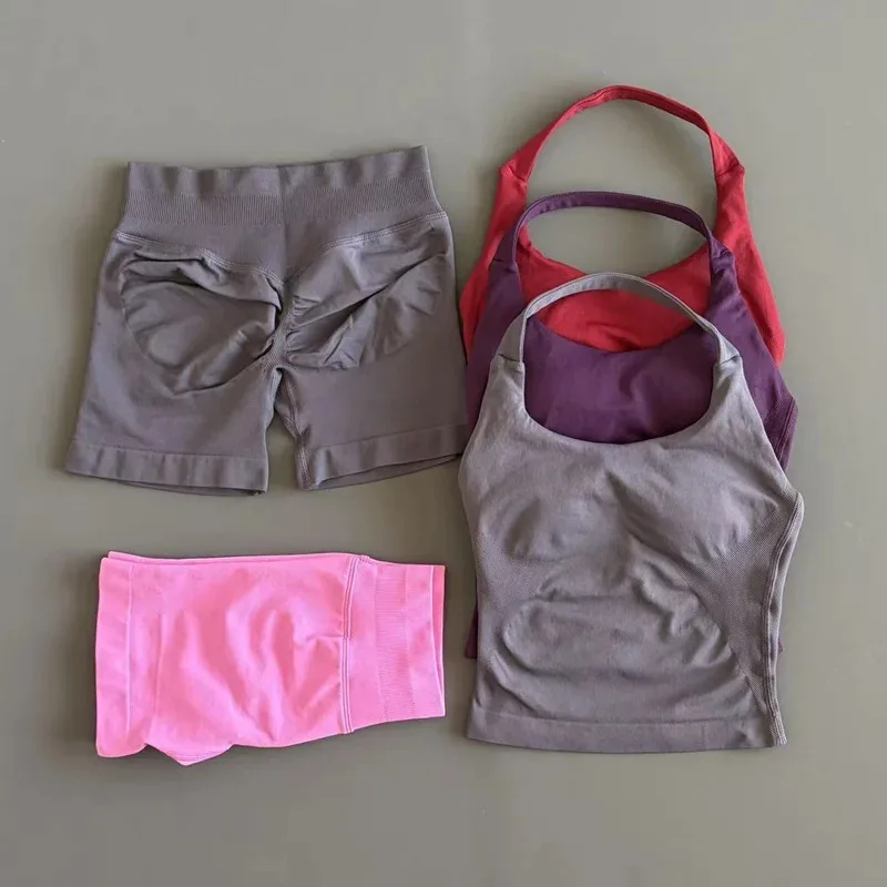 2 Pcs Gym Halter Top Strappy Bra Shorts Set Women Yoga Workout Clothes Seamless Vest Hip-Lifting Sports Leggings Gym Suit