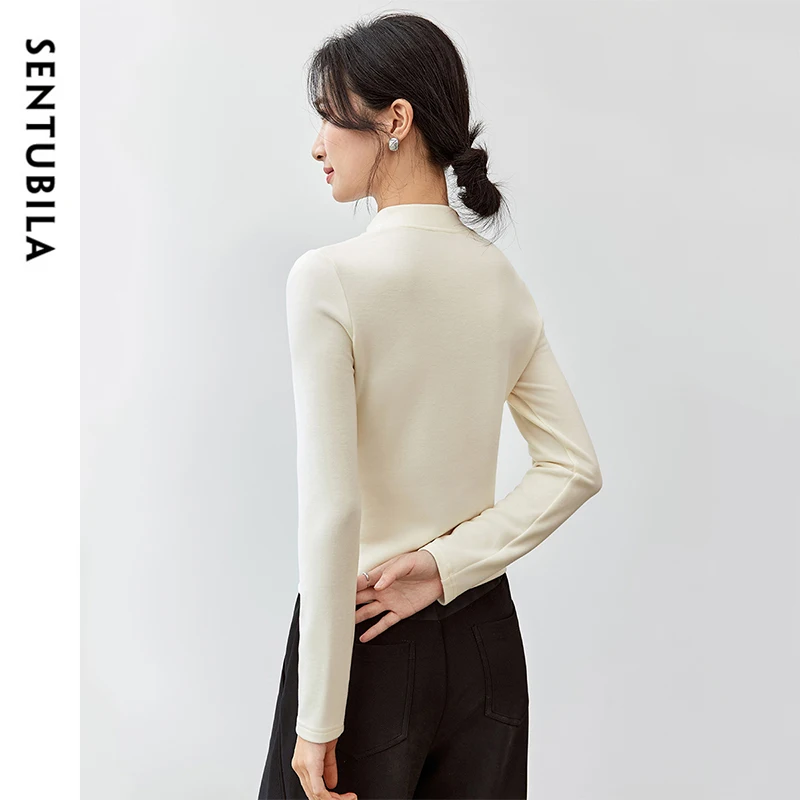 SENTUBILA Simple Knitted Embroidery T-shirt Women Autumn Winter Slim Fit Zipper Stand Collar Solid Comfort Women Tops 143T56422