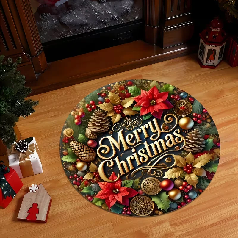 Round Eyeglass Santa Claus Gift Box Area Rug Soft Non Slip Xmas Holiday Decor Mat Indoor Living Room Floor Carpet
