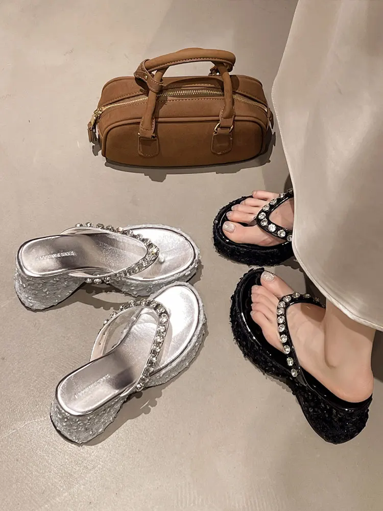 

Модные сандалии на платформе с водными бриллиантами на каблуке, женская летняя уличная одежда, повседневные шлепанцы без шнуровки из искусственной кожи