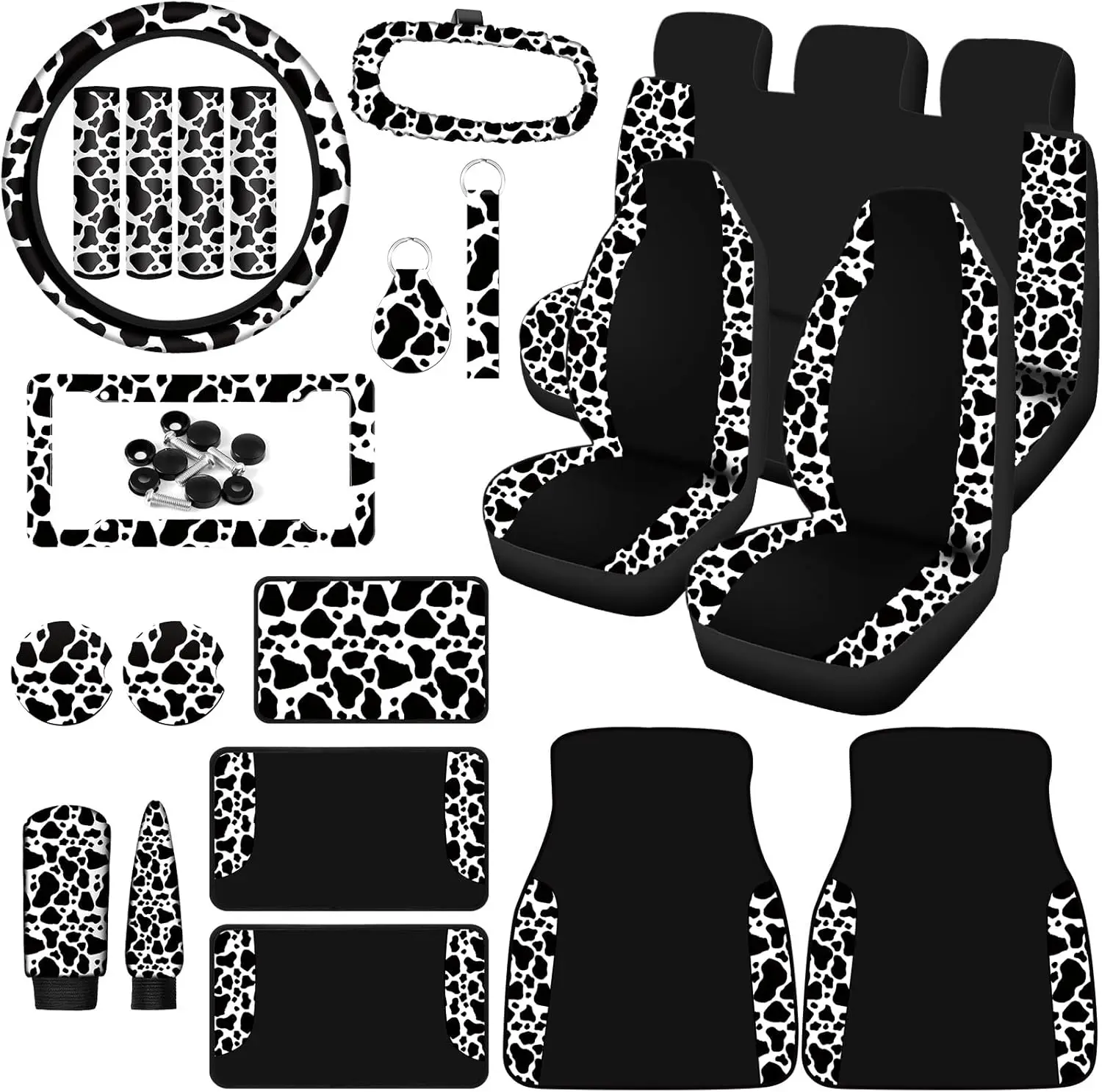 

26 Pcs Cow Print Car Accessories Set for SUV Truck - Seat Covers, Steering Wheel, Cup Holders & More
