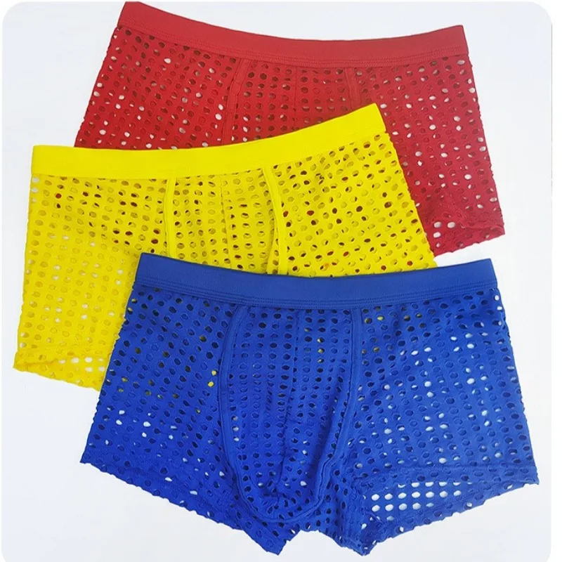 

Fishnet Men's Sexy Boxers Shorts Convex Pouch Panties Hollow Out Soft Underwear New Man Swimming Trunks Mid Waist Трусы Мужские