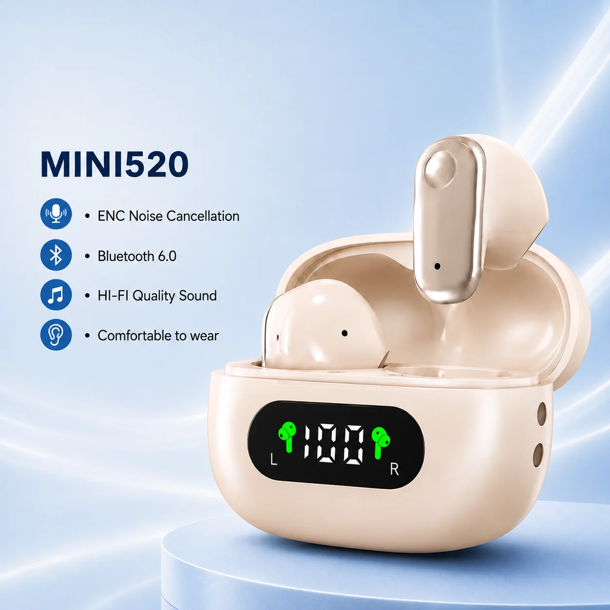 TWS Kabellose Ohrhörer Bluetooth 6.0, ENC Anrufgeräuschunterdrückung, Audio mit geringer Latenz, 13mm Treiber, LED-Display, Mini-Gaming-Ohrhörer