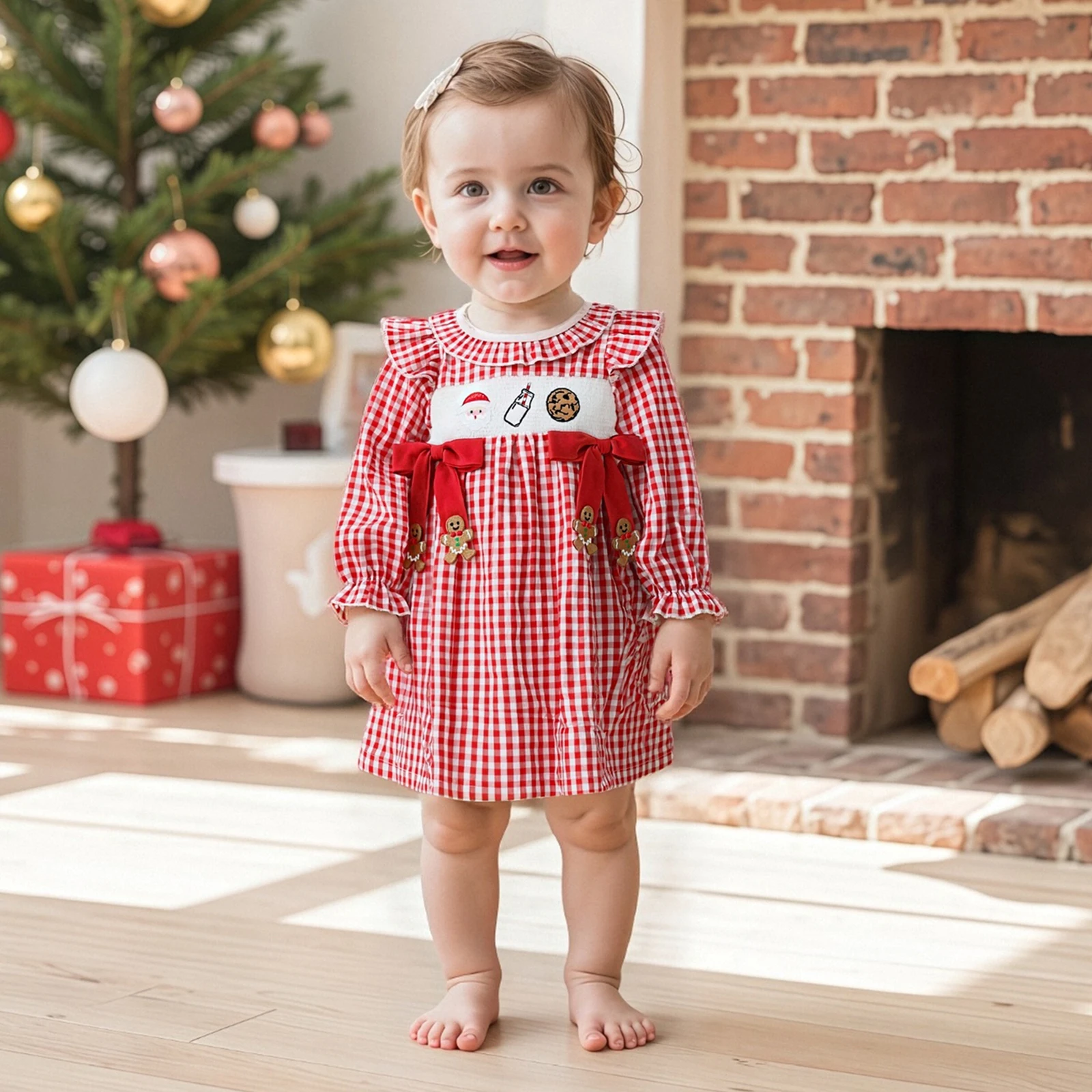 FOCUSNORM جميل الاطفال الفتيات فستان عيد الميلاد 1-5Y كم طويل طاقم الرقبة منقوشة التطريز الزنجبيل رجل فستان #1