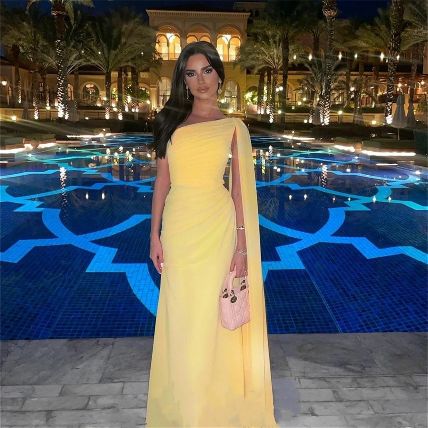 One Shoulder Chiffon Evening Dresses With Cape Sheath Yellow Pleated Zipper Back فساتين السهرة Prom Gowns for customized Women